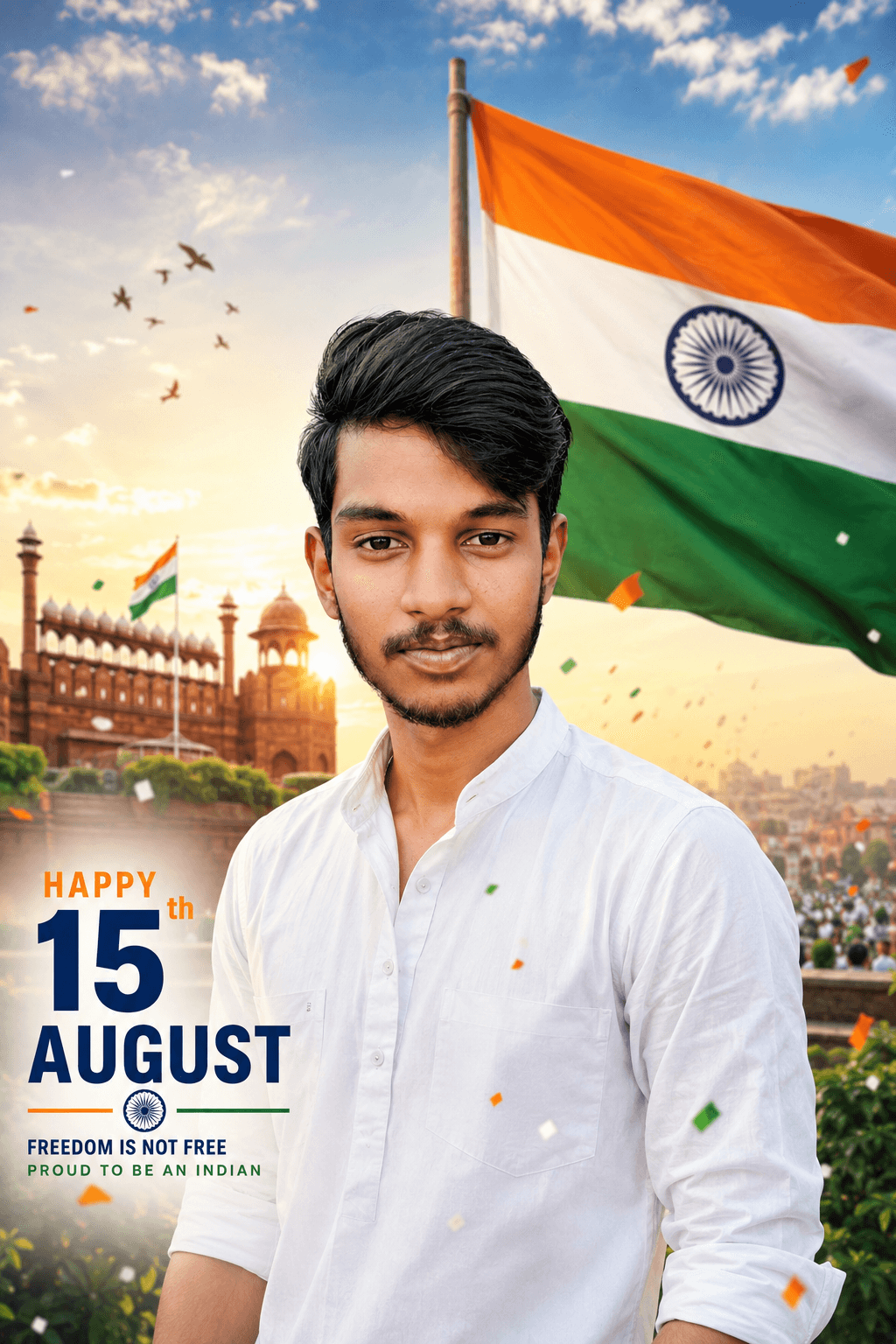 Hyper-Realistic Red Fort Independence Day Portrait Poster Prompt (Face Preserved | 8K Cinematic)